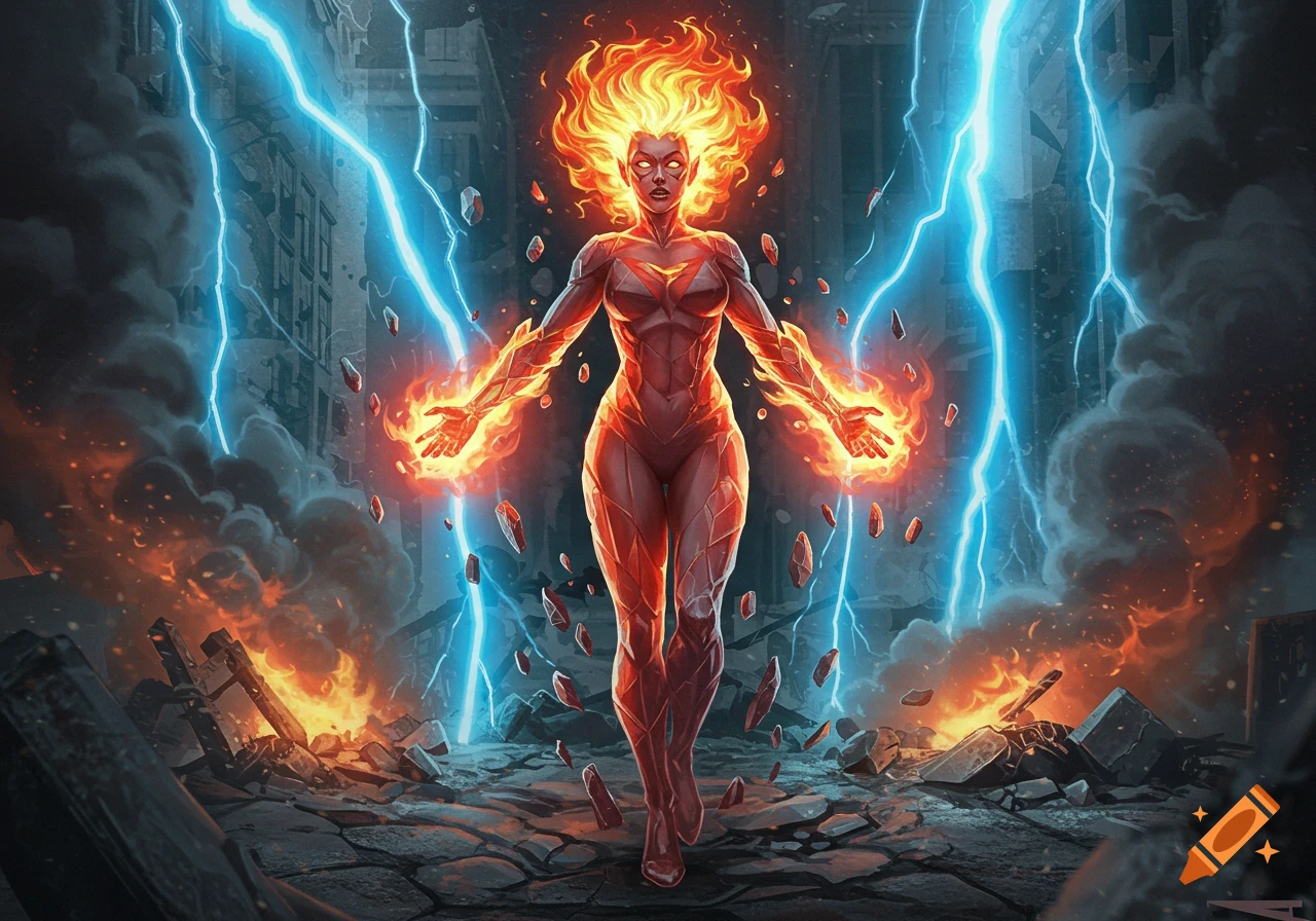 A fiery superhero, like Firestar, stands powerfully amidst rubble and lightning in a dynamic comic art style.