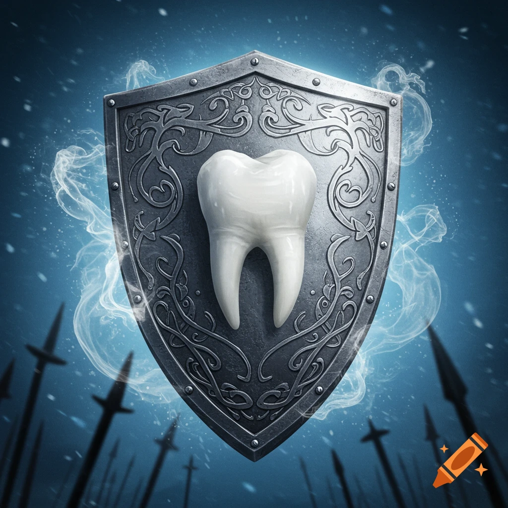 An ornate metal shield with a white tooth at its center, surrounded by smoke on a dark blue background with blurred spears.