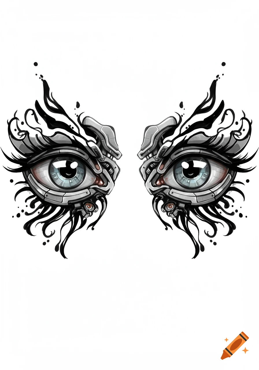 Stylized robot eyes with light blue irises, surrounded by intricate mechanical details and black ink painting elements on a white background.