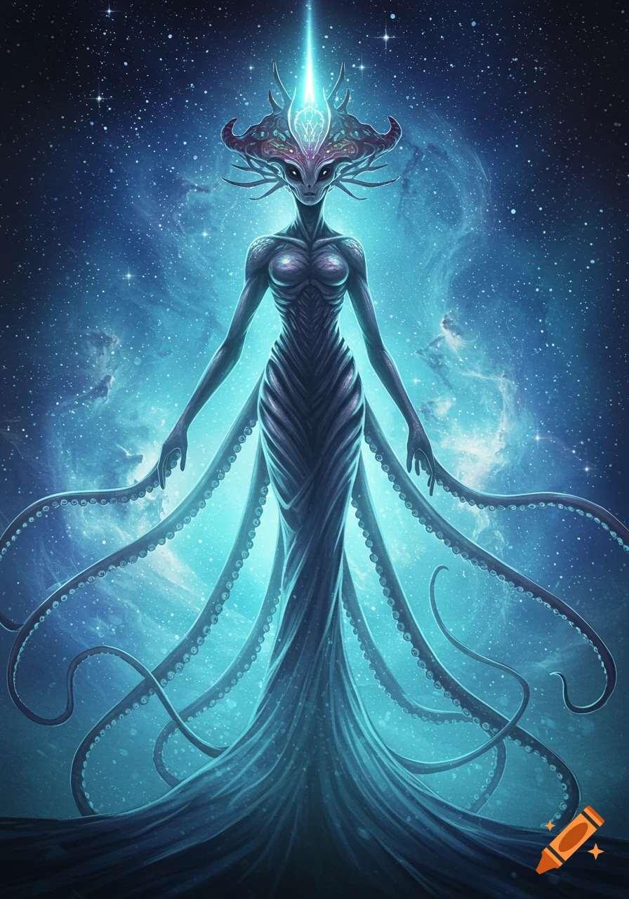 A tall, elegant alien creature with a glowing, pointed headpiece and tentacles forming a flowing dress stands in a starry, blue nebula.