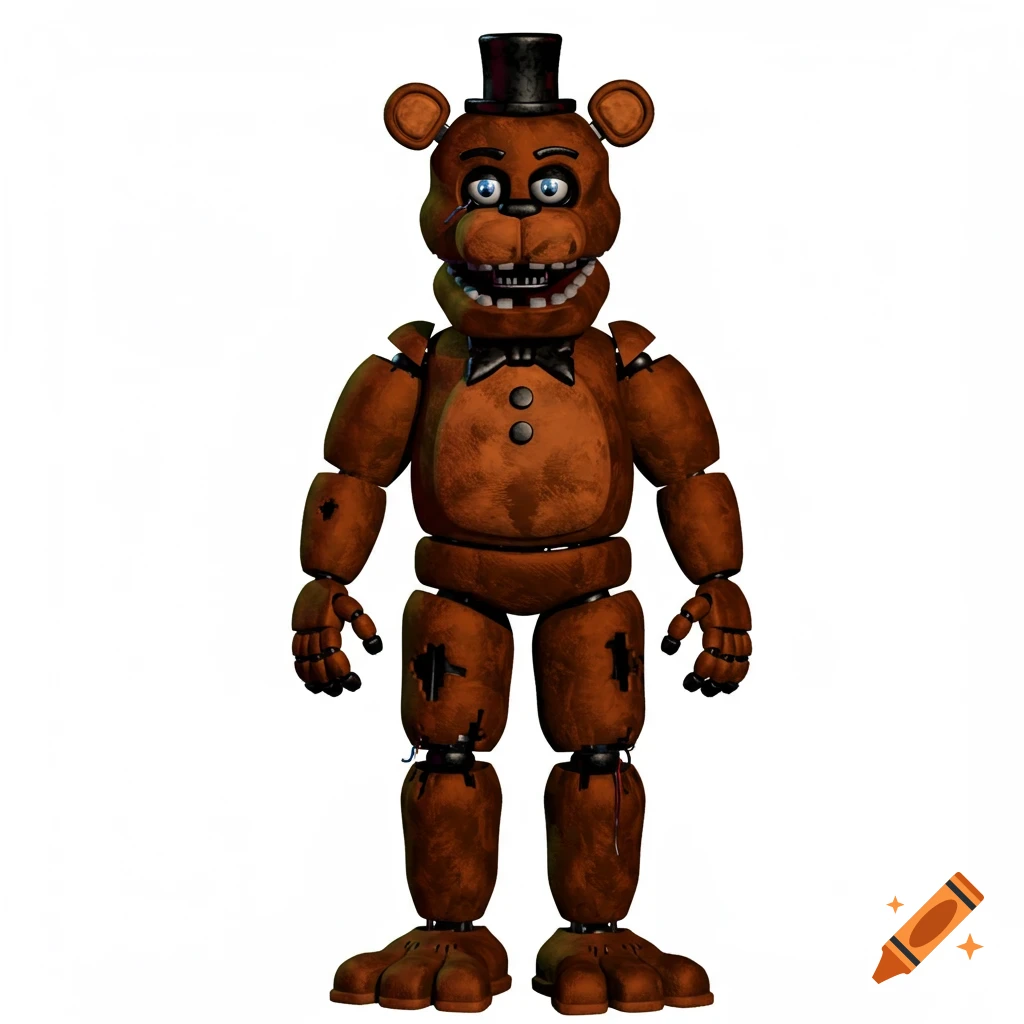 Full body brown animatronic bear, Freddy Fazbear, wearing a black top hat and bow tie, on a white background.