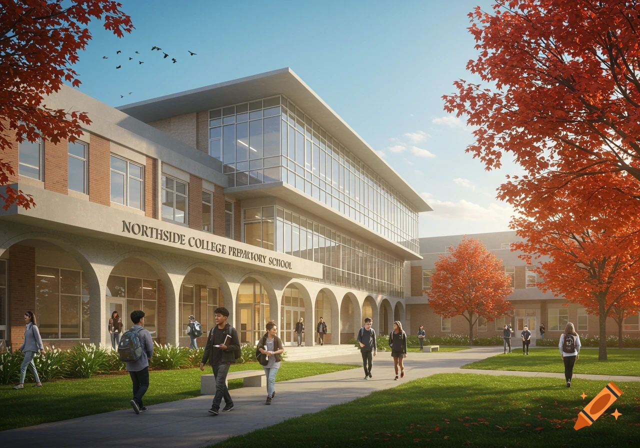 Photorealistic depiction of a college preparatory school building with students walking on paths under autumn trees.