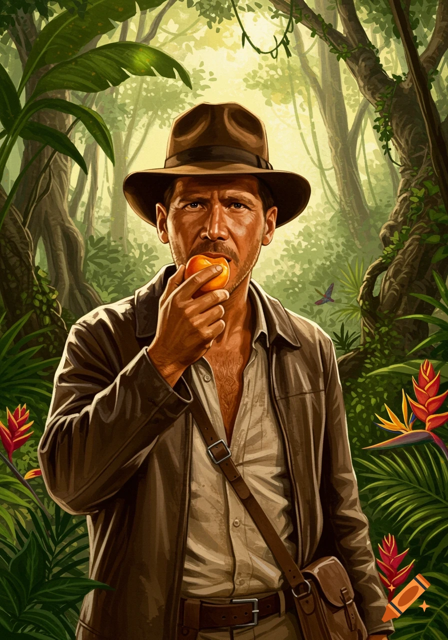 An illustrative image of Indiana Jones in a fedora and leather jacket, eating an apricot in a lush jungle.