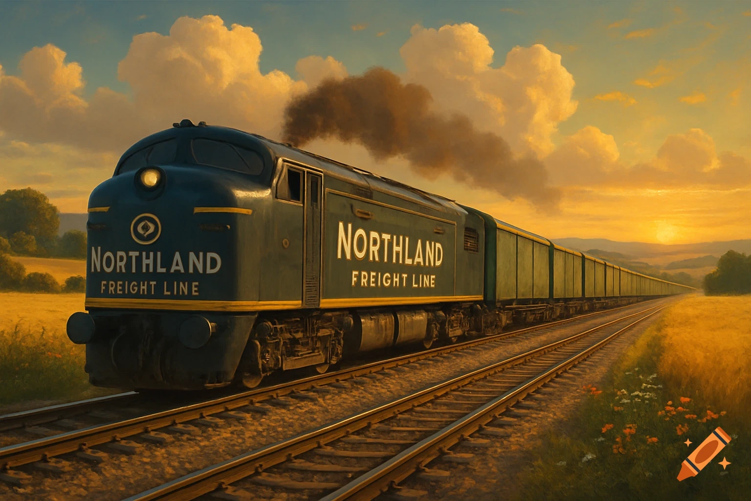 A dark blue diesel freight train with 'NORTHLAND FREIGHT LINE' on its side travels through a golden countryside at sunset.