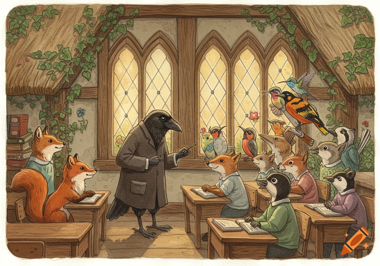 A charming illustration of Professor Raven teaching a class of animal pupils, including foxes and various birds, in a rustic schoolhouse.