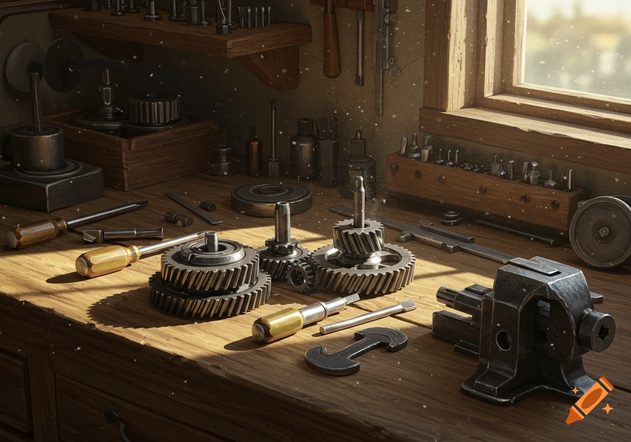 A detailed, photorealistic image of a vintage workbench with various metal gears, screwdrivers, a vise, and other tools, bathed in sunlight from a window.