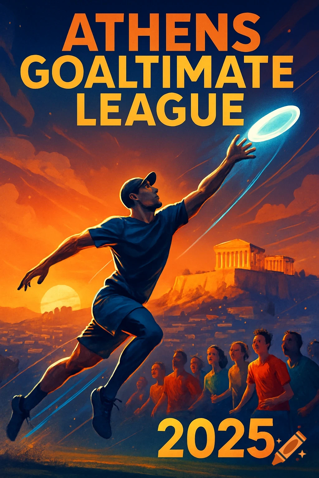 A stylized poster showing a man reaching for a glowing frisbee over Athens, with the Acropolis at sunset. Text: 'Athens Goaltimate League 2025'.