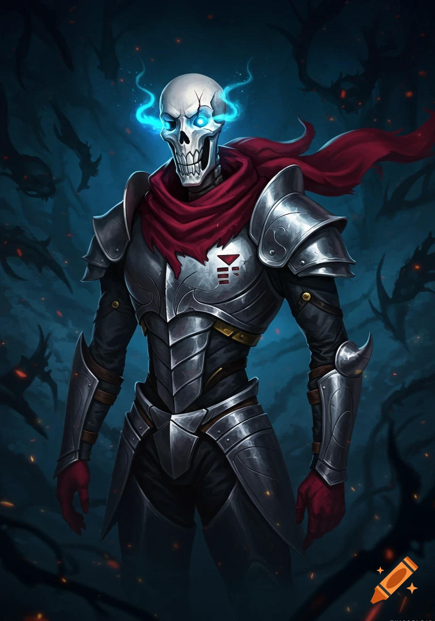 A skeleton knight, Papyrus from Undertale, in dark armor with a red scarf and glowing blue eyes, stands in a dark, stylized fantasy background.