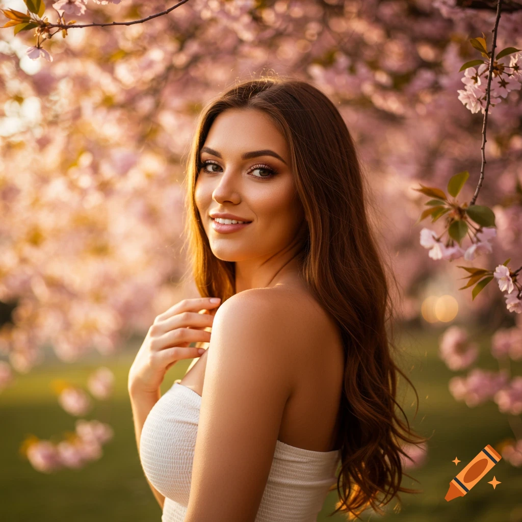 A beautiful woman with long brown hair smiles, standing in front of pink cherry blossoms at sunset in a photorealistic style.