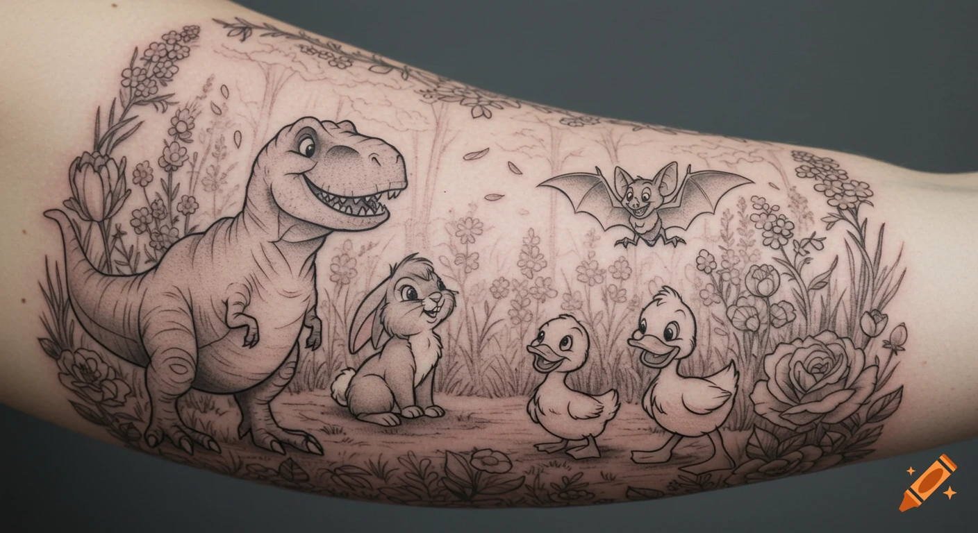 A black and grey tattoo on an arm features a cartoon T-Rex, bunny, bat, and two ducklings in a whimsical floral garden.