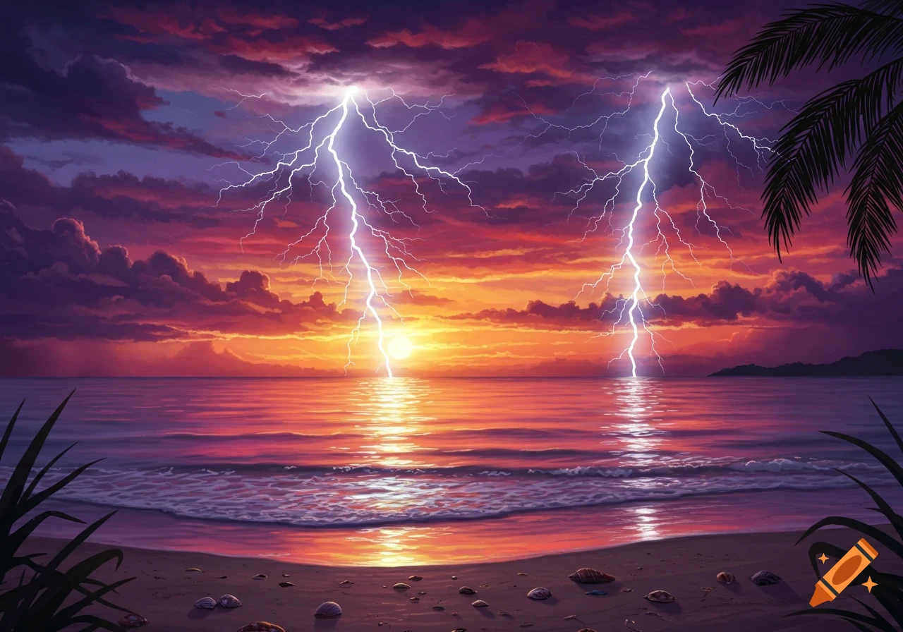Vibrant sunset over a beach with two lightning bolts striking the ocean, framed by palm leaves.