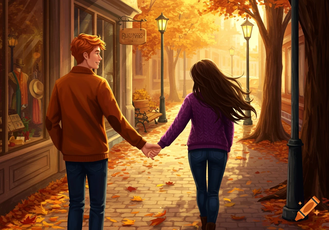 Illustrated couple, a red-headed man and a woman, holding hands and walking on a sunlit autumn sidewalk with trees and shops.
