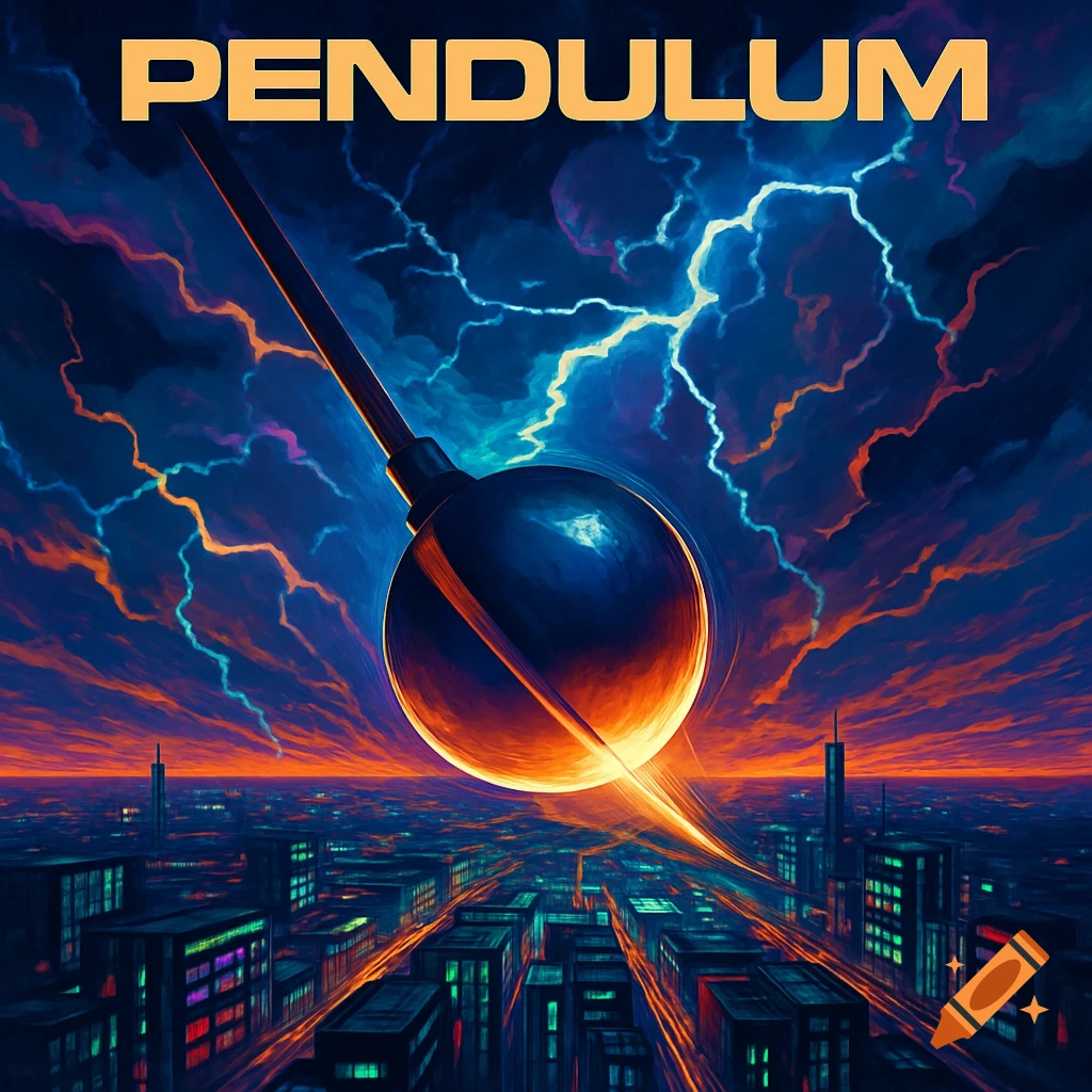 A digital art image showing a giant pendulum over a futuristic cityscape under a stormy, lightning-filled sky. The word 'PENDULUM' is at the top.