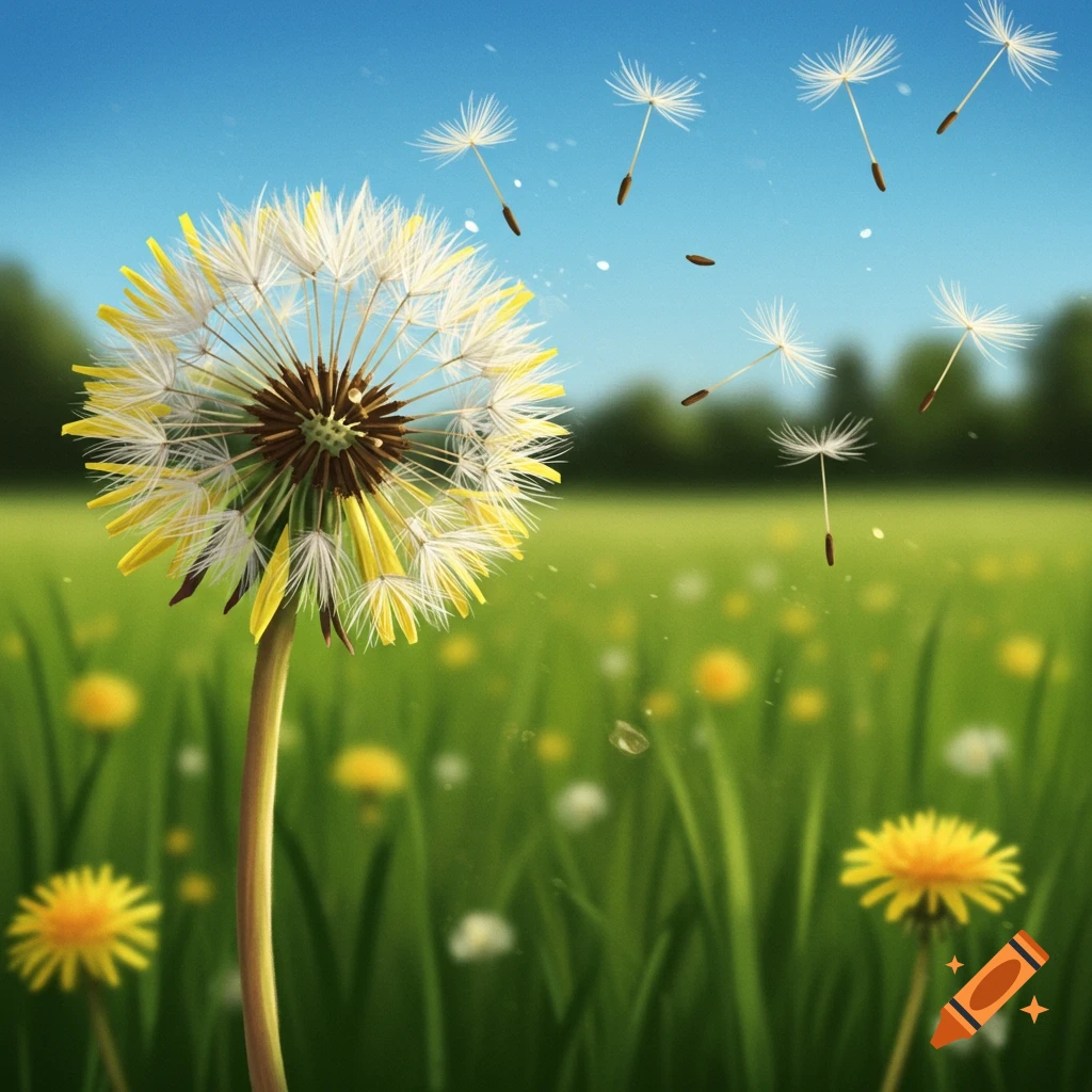 A dandelion with seeds blowing in the wind across a green field under a blue sky.
