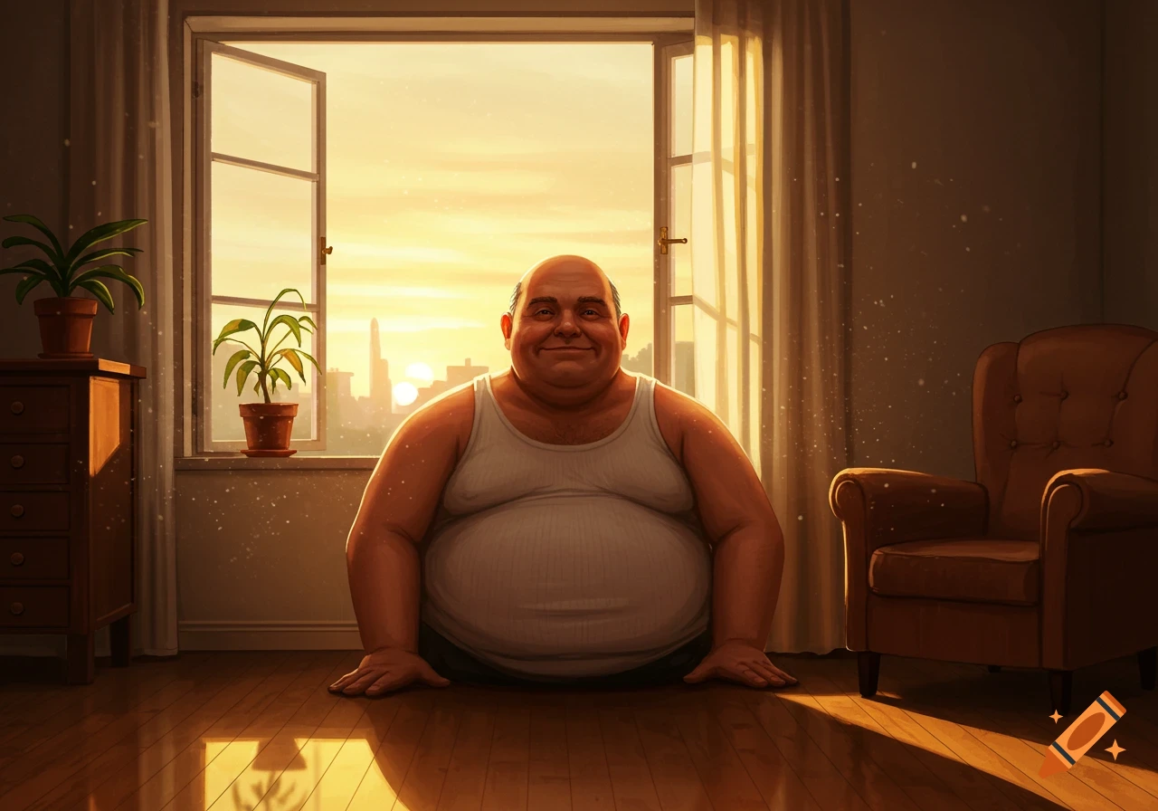 Overweight, balding man in a tank top sits on a sunlit wooden floor, an open window behind him shows a city skyline at sunset.