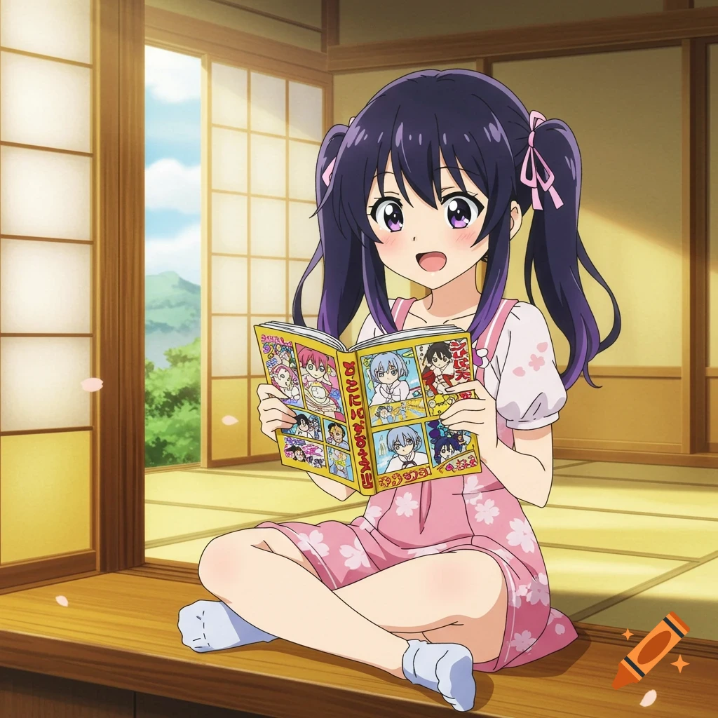 An anime girl with dark pigtails sits on a wooden floor in a Japanese-style room, smiling as she reads a comic book.