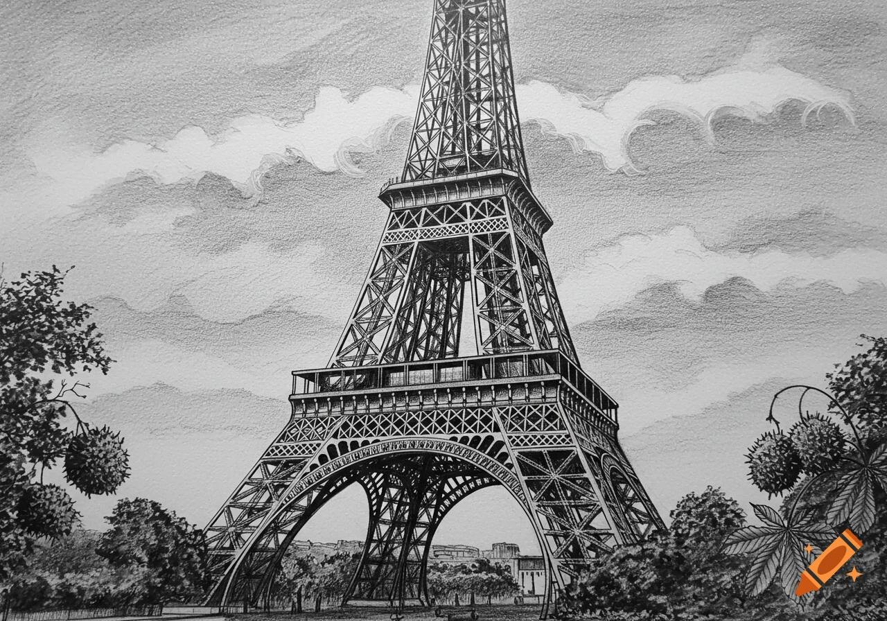 Black and white sketch of the Eiffel Tower, with trees in the foreground and a cloudy sky.