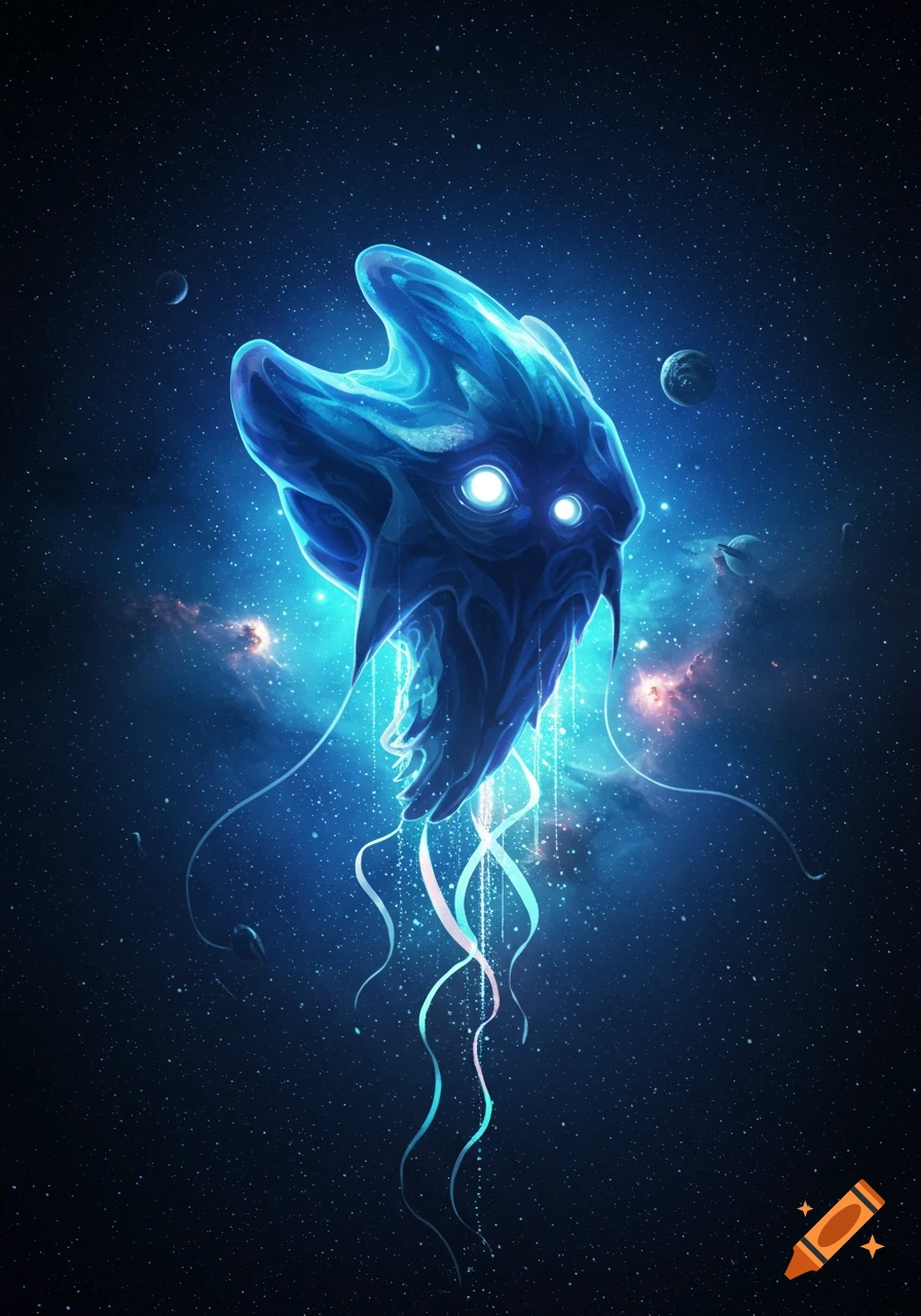 A glowing blue otherworldly creature with multiple eyes and tendrils floats in a dark, star-filled space with planets and nebulae.