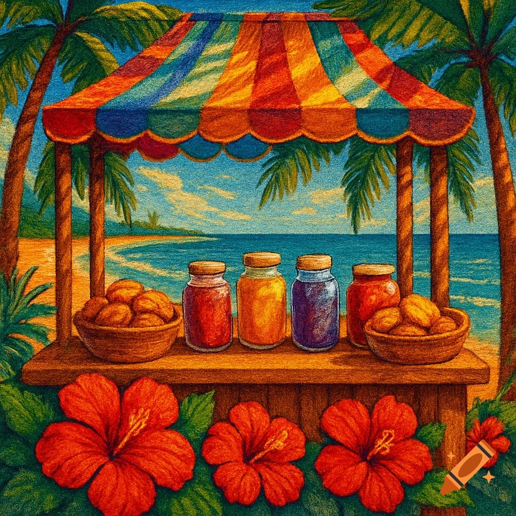 A colorful beach stall with jars of jelly and bowls of treats, surrounded by red hibiscus flowers and palm trees, with the ocean in the background, in a textured art style.