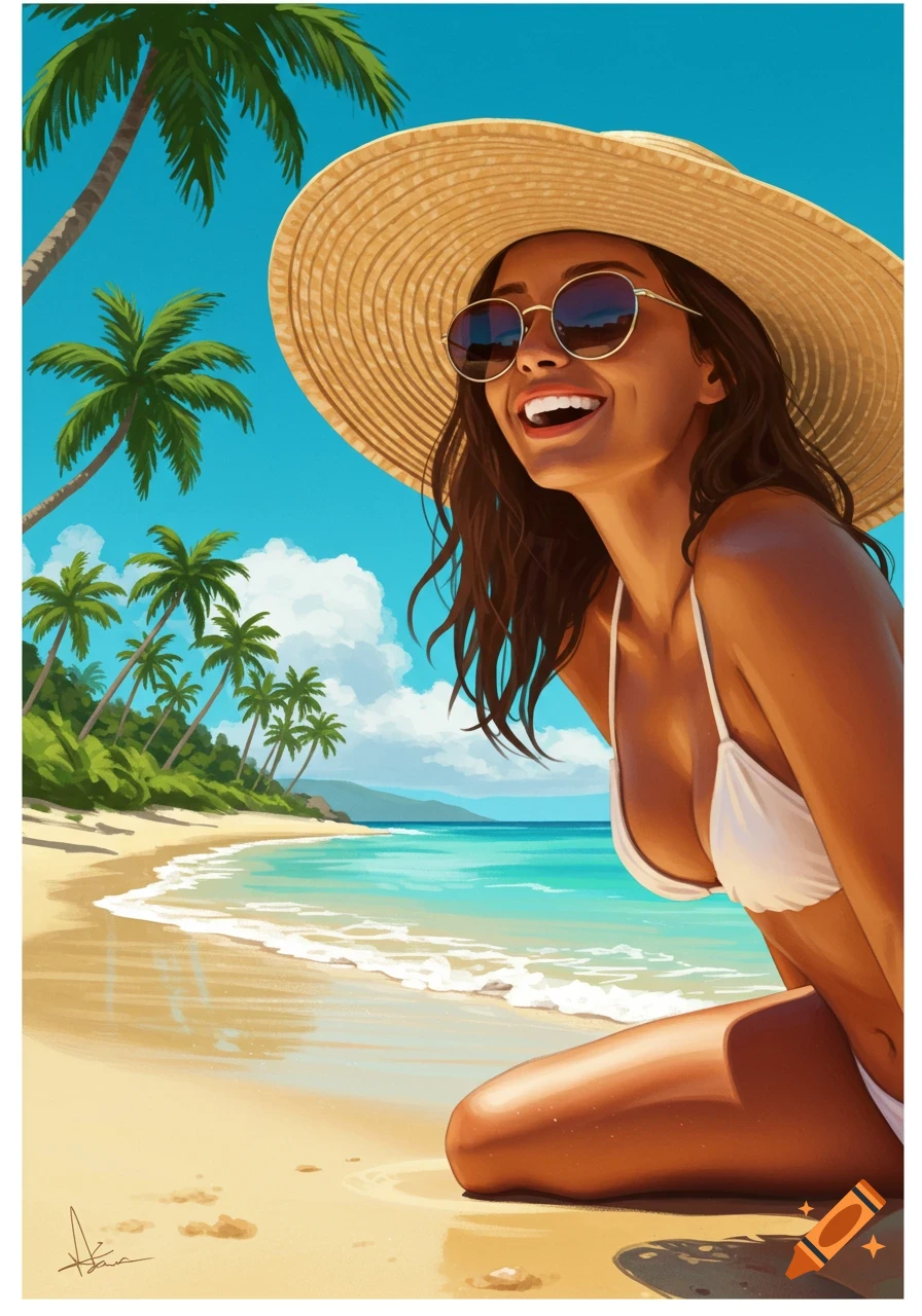 Illustrated image of a smiling, tanned woman in a straw hat and sunglasses wearing a white bikini on a tropical beach.