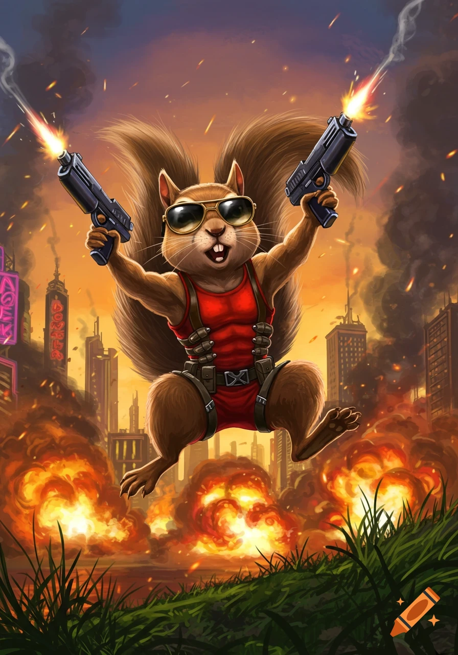 A muscular, anthropomorphic squirrel wearing sunglasses and a red tank top jumps over explosions, firing two pistols in a burning city.