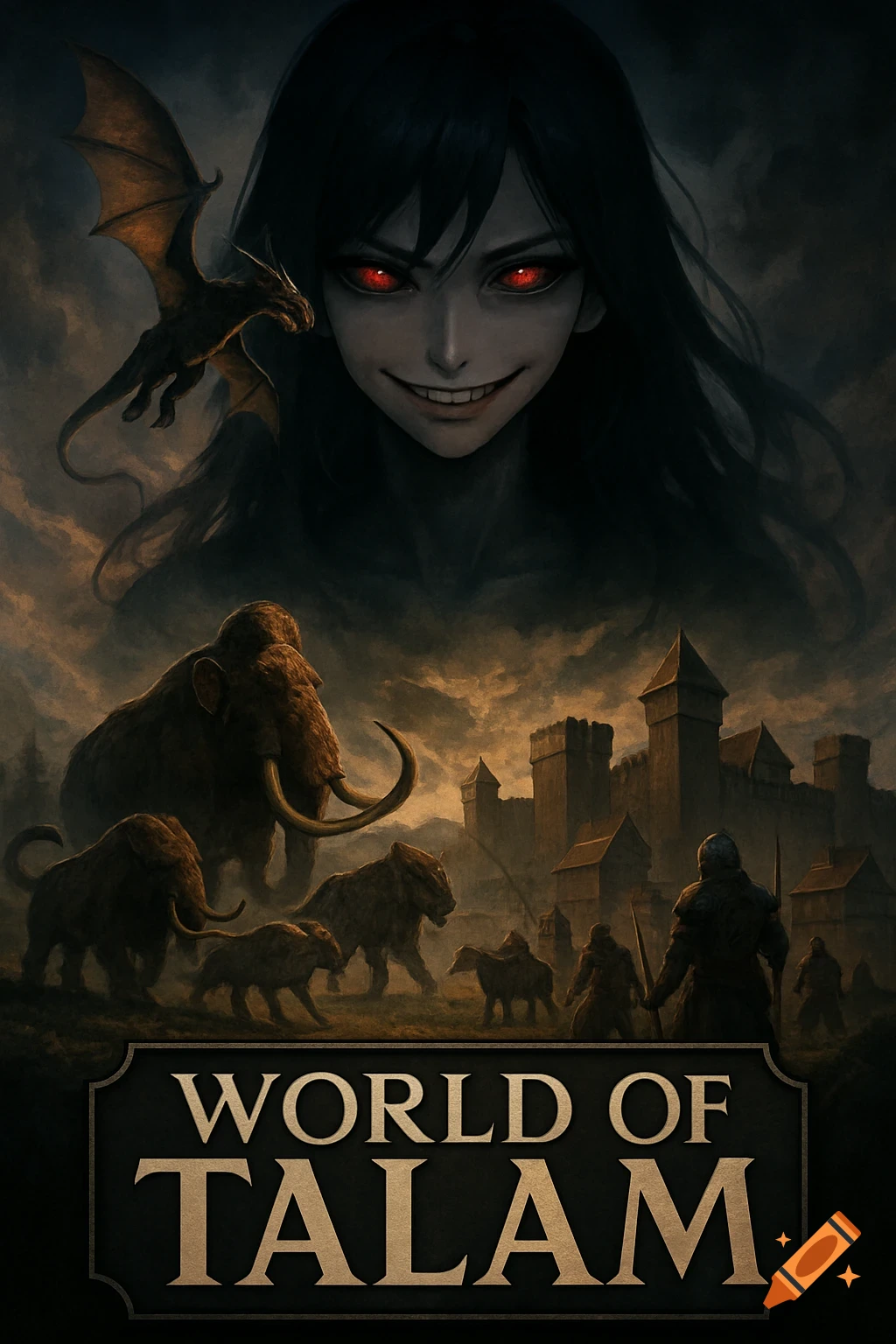 A dark fantasy digital painting featuring a sinister-smiling woman with red eyes, a dragon, mammoths, and armored figures around a medieval village with 'World of Talam' text.