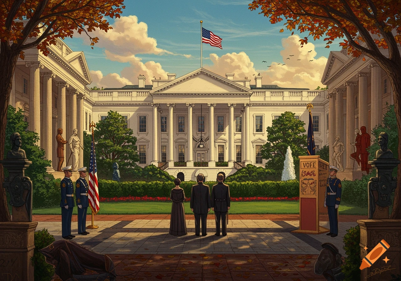 An illustration of the White House with an American flag atop, surrounded by autumn trees. Several figures, including military personnel and civilians, stand on the lawn.