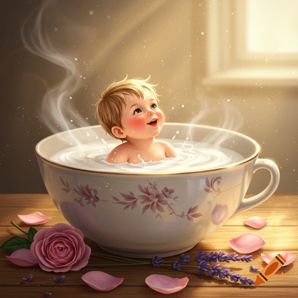 A happy baby boy with blonde hair bathes in a large teacup filled with milk, surrounded by pink rose petals and lavender on a wooden table. Digital art.