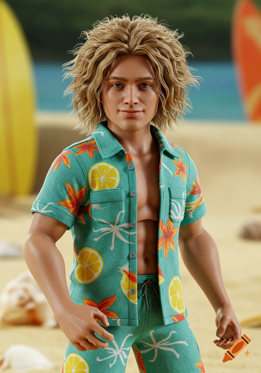 Photorealistic male action figure with dirty blonde hair, teal Hawaiian shirt, and matching shorts, standing on a beach with surfboards.