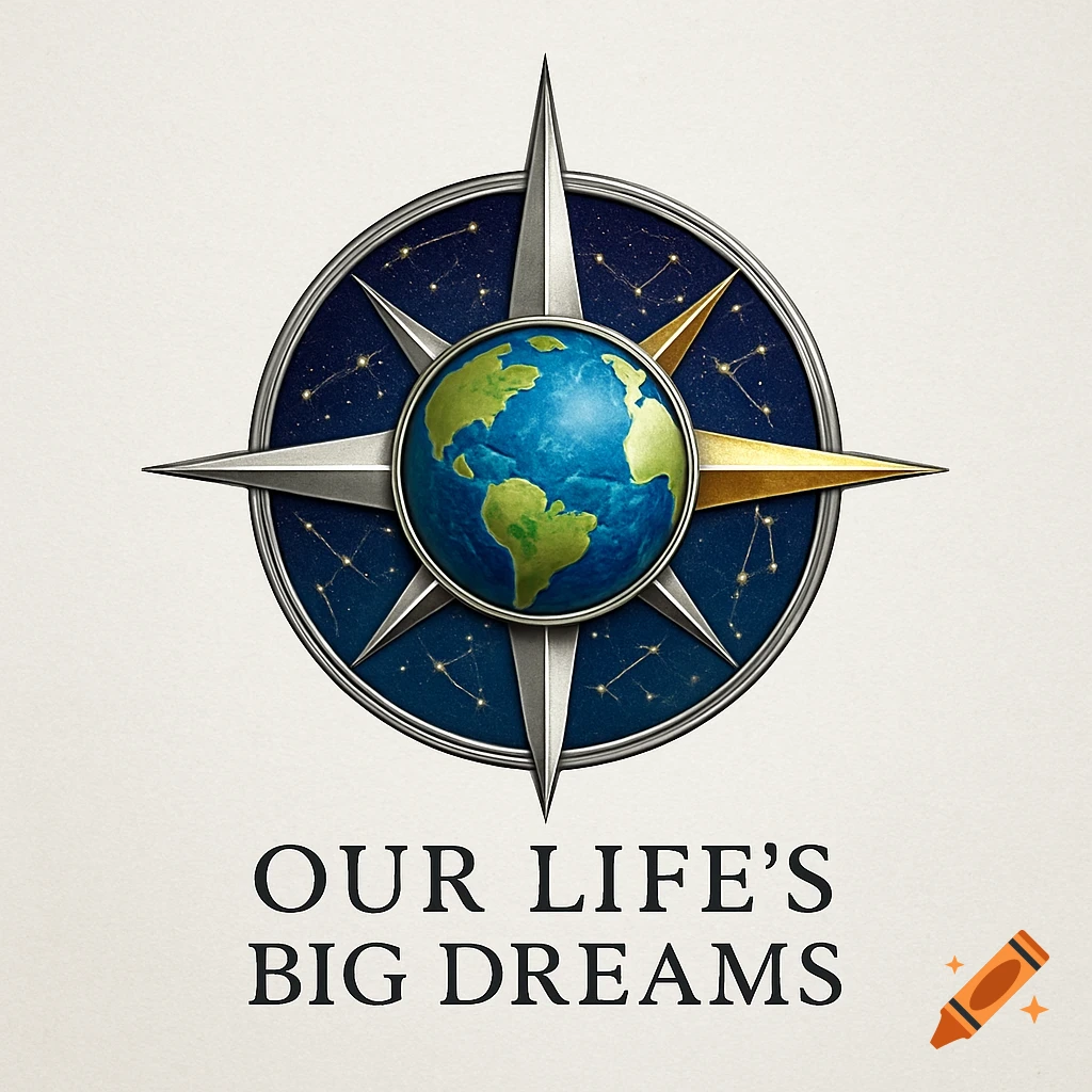 A detailed logo featuring a silver compass rose with a gold east point, centered with a blue and green globe, against a dark blue starry background, with the text "OUR LIFE'S BIG DREAMS" below.
