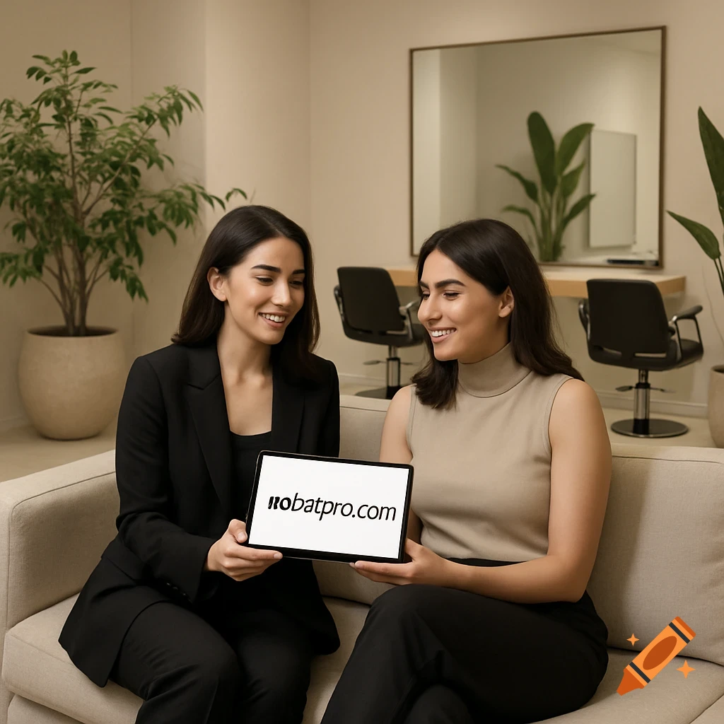 Two smiling women on a couch display a tablet with 'nobatpro.com' in a modern salon.