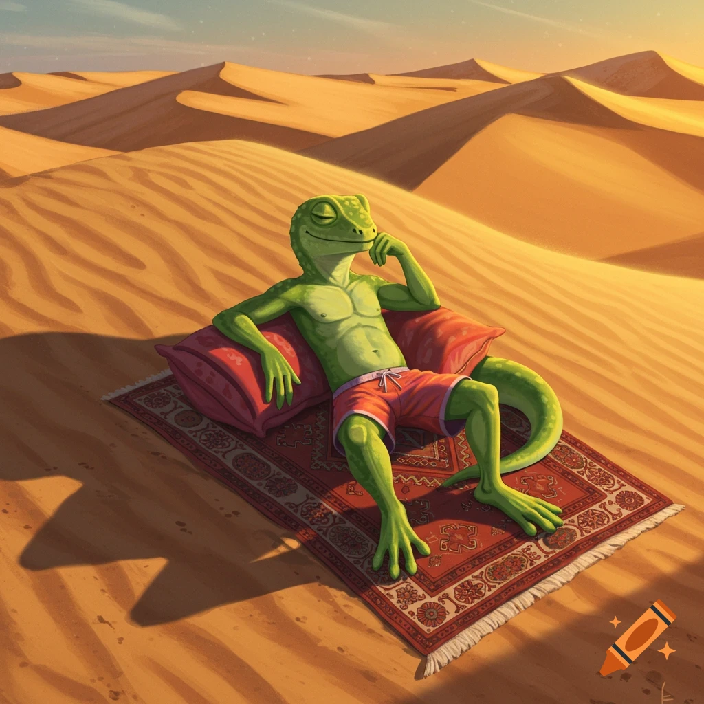A green anthropomorphic lizard wearing swim trunks relaxes on a red rug with pillows in a desert with sand dunes, digital art.
