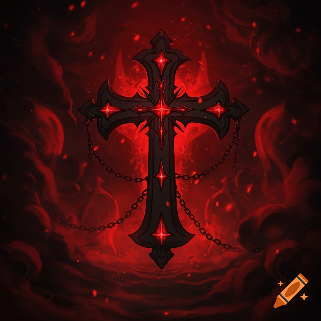 A stylized black cross with glowing red details and chains, set against a dark, fiery red, smoky background.