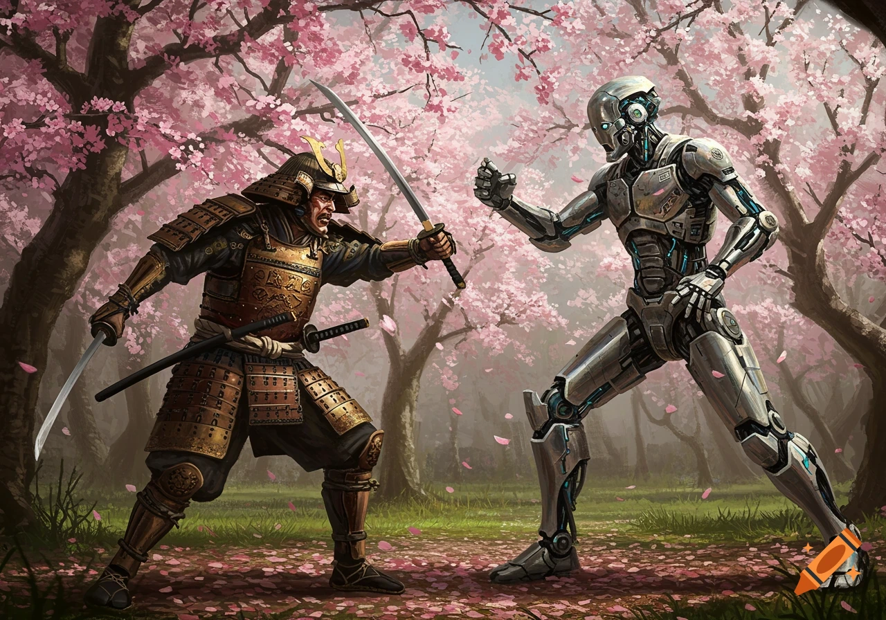 A samurai with a sword faces a robot in a cherry blossom garden, depicted in a painterly fantasy art style.