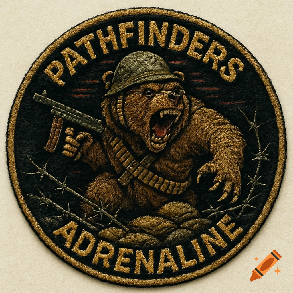 An embroidered military patch featuring a snarling brown grizzly bear in a cracked WWII helmet and bandolier, holding a Thompson submachine gun, with barbed wire and sandbags. Text reads "PATHFINDERS" and "ADRENALINE."
