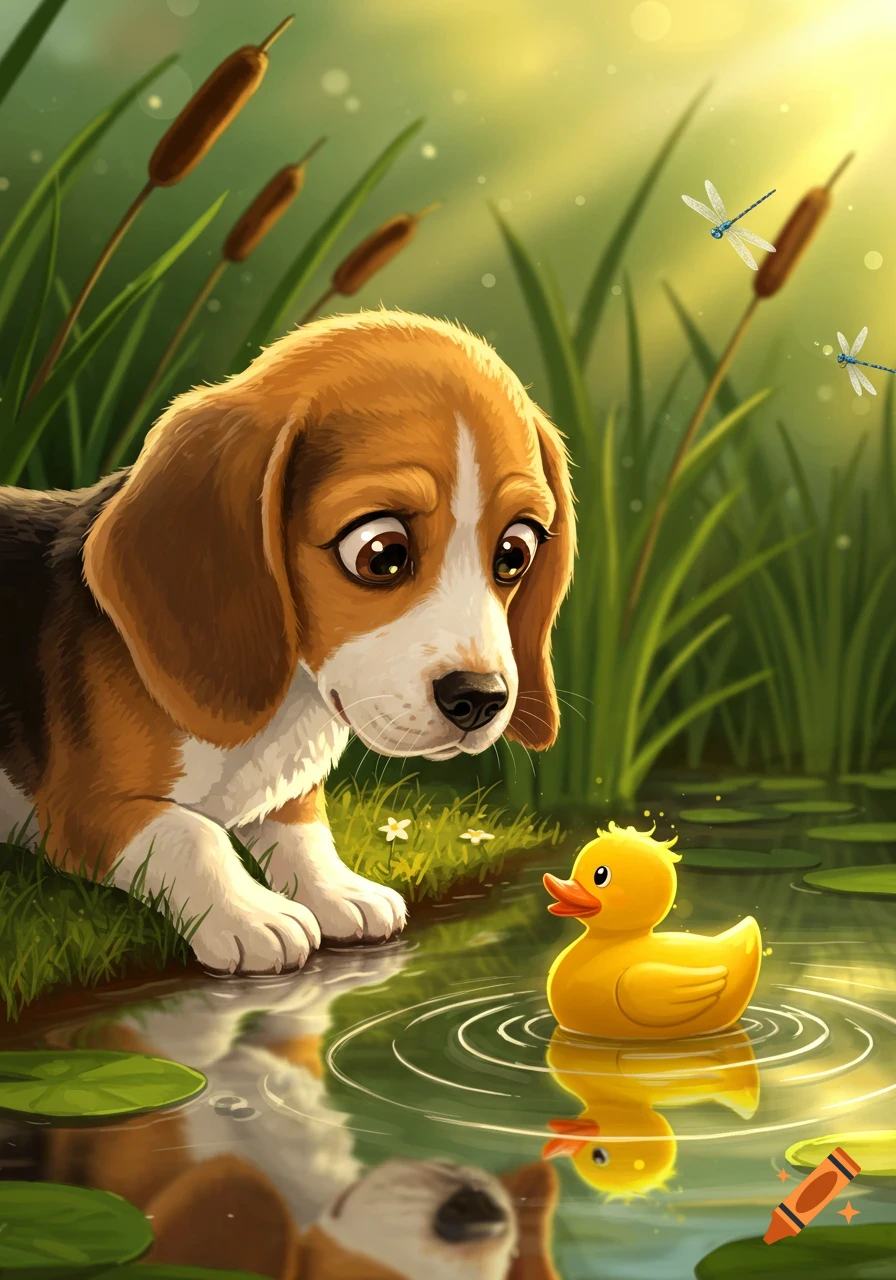 A cute cartoon beagle puppy stares at a yellow rubber duck in a pond with reeds and dragonflies.
