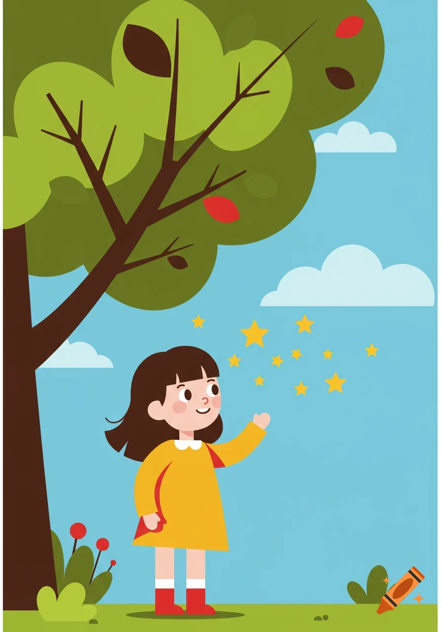 A whimsical children's book illustration of a young girl in a yellow dress reaching up towards golden stars under a large green tree.