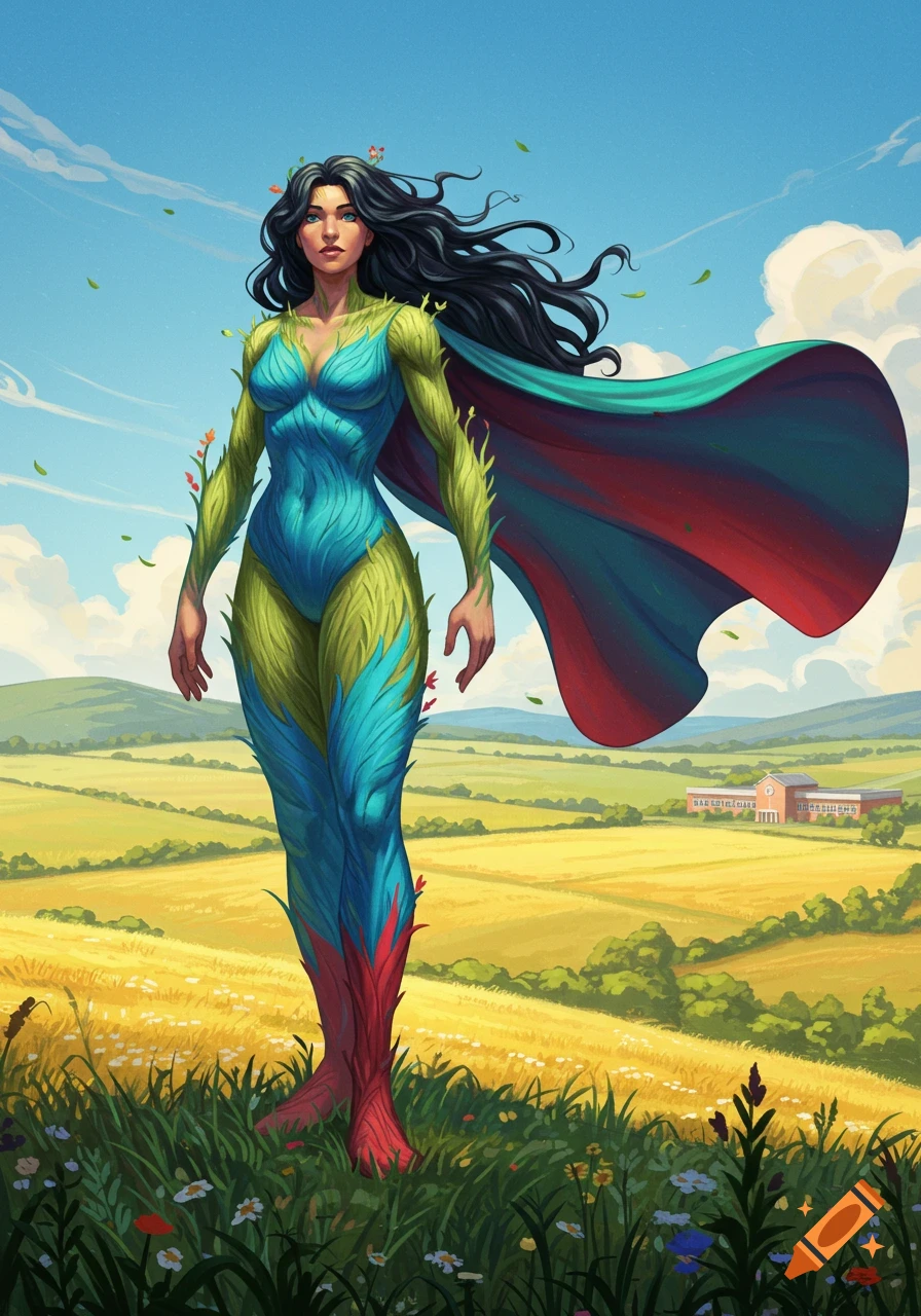 A female superhero in a green and blue leafy suit and red cape stands in a vibrant field under a blue sky.