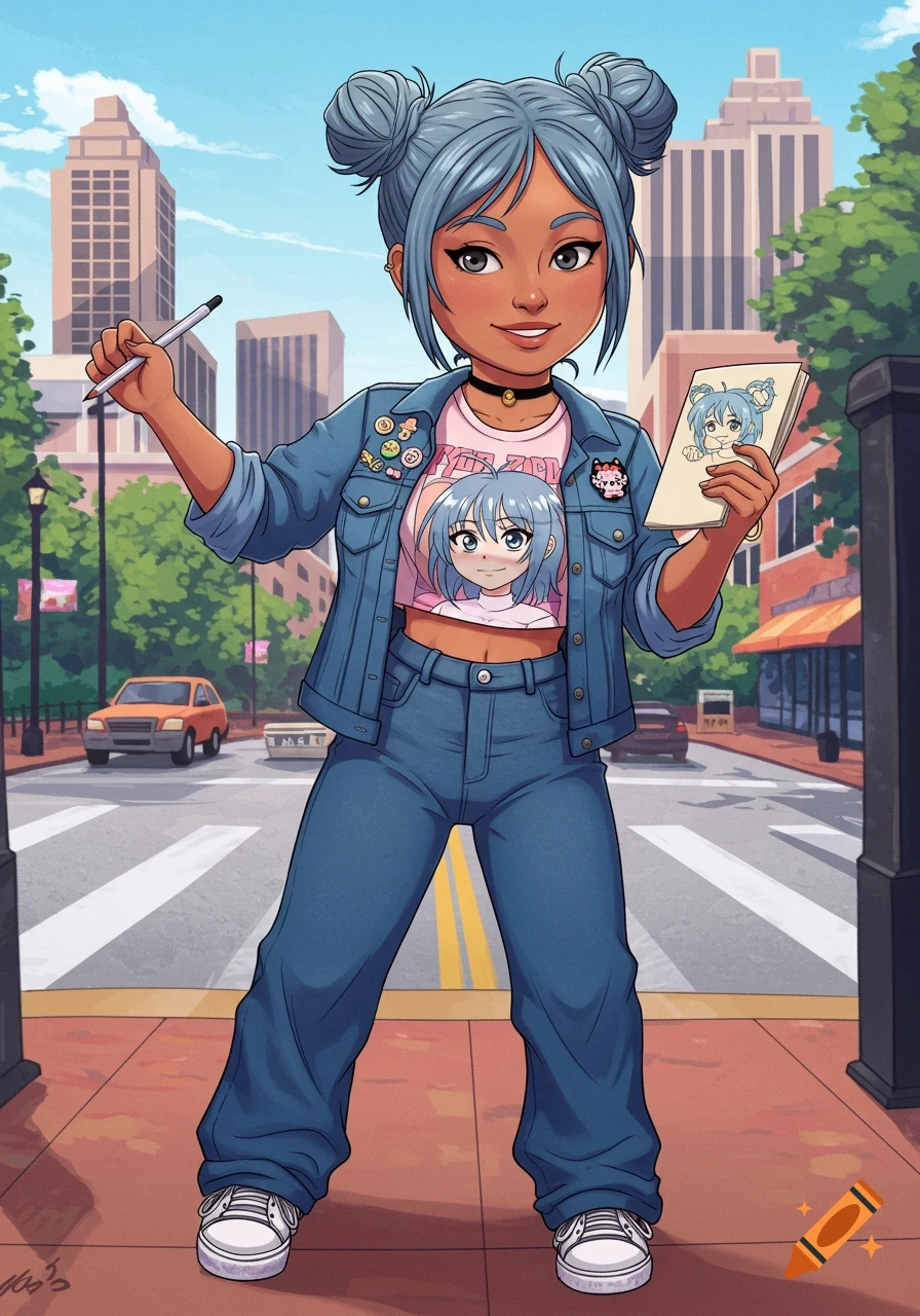 Anime-style Filipino-American woman with blue space buns, wearing a denim jacket and jeans, holding a sketchbook and pen on an urban street.