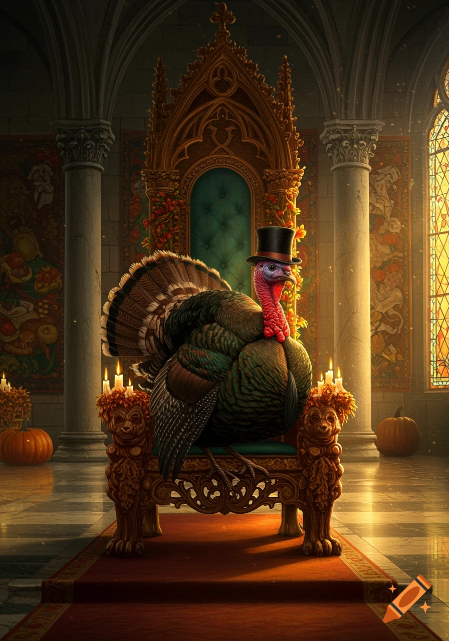 A turkey in a top hat sits majestically on an ornate golden throne in a grand, candlelit castle hall.