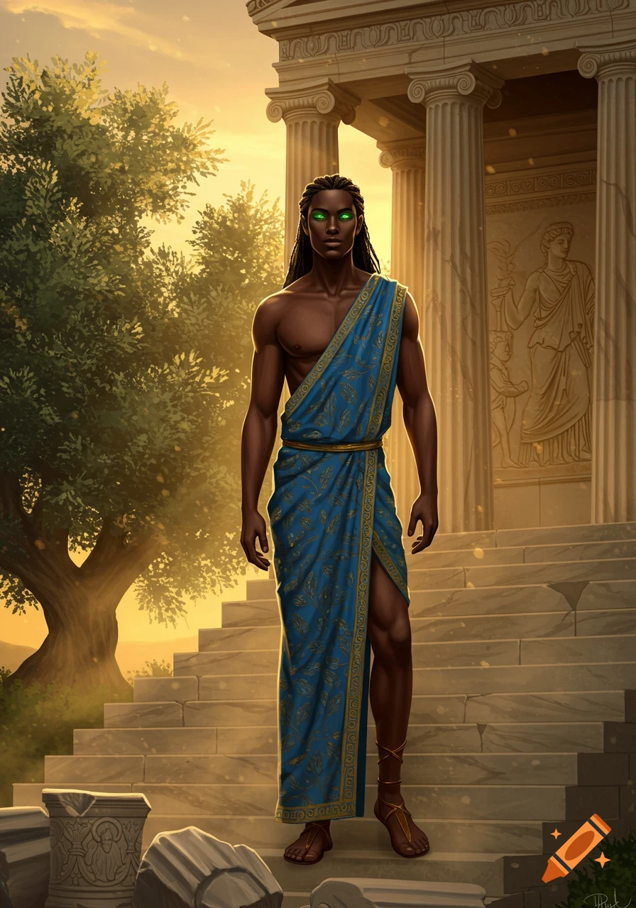 A dark-skinned man with dreadlocks and glowing green eyes wears a blue and gold toga, standing on temple steps at sunset.