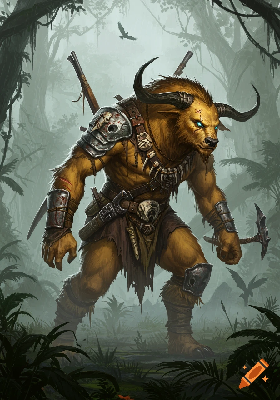 A powerful, golden-furred minotaur-like beast with glowing blue eyes, wearing primitive armor, stands in a misty, overgrown jungle.