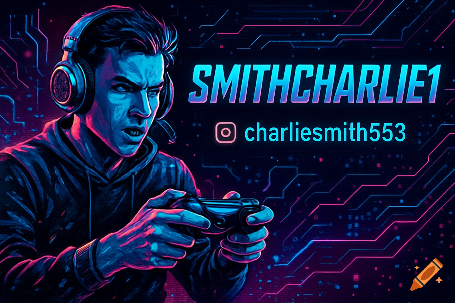 A gamer with headphones and a controller in a neon cyberpunk style, with the text 'SMITHCHARLIE1' and 'charliesmith553'.