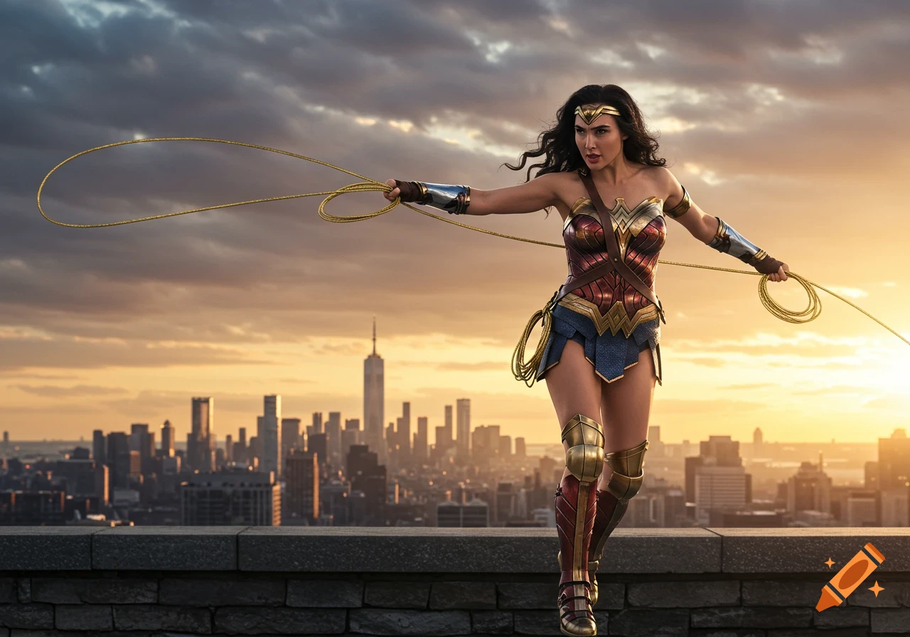 Photorealistic image of Wonder Woman in costume on a city rooftop at sunset, holding her lasso.