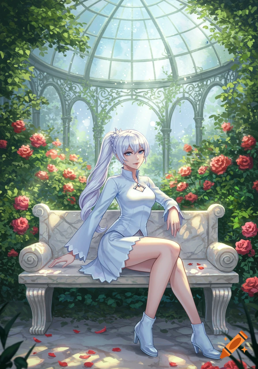 An anime girl with long white hair in a white dress sits on a marble bench in a rose garden under a glass dome.
