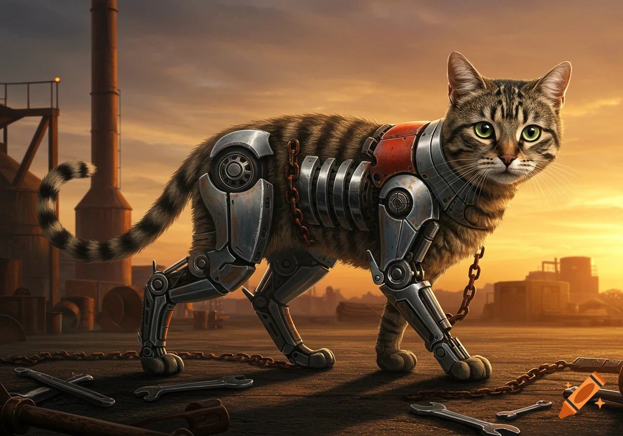 A photorealistic tabby cat with robotic limbs and torso stands in an industrial setting at sunset.