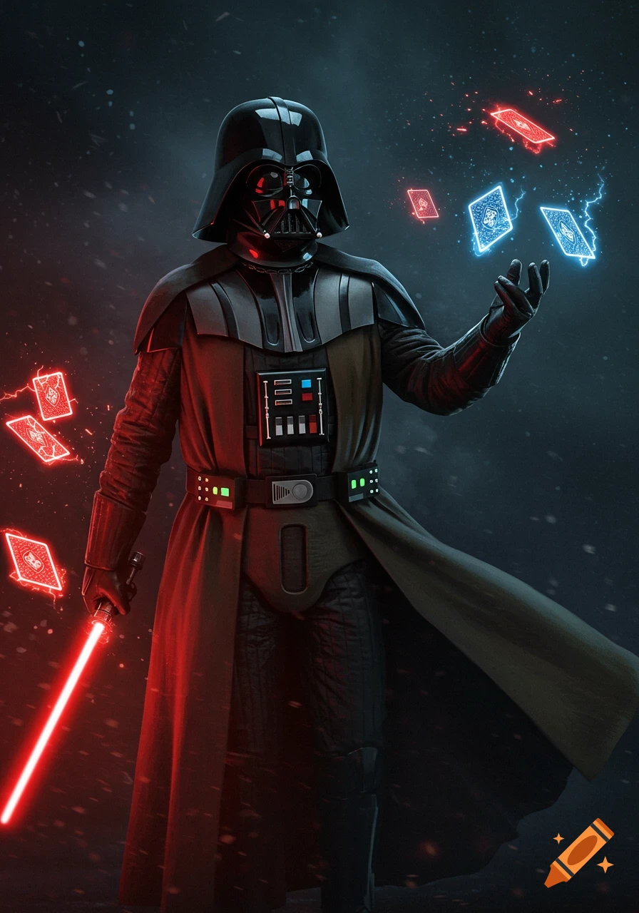 Darth Vader in a black suit and tan trench coat holds a red lightsaber while telekinetically manipulating glowing playing cards.