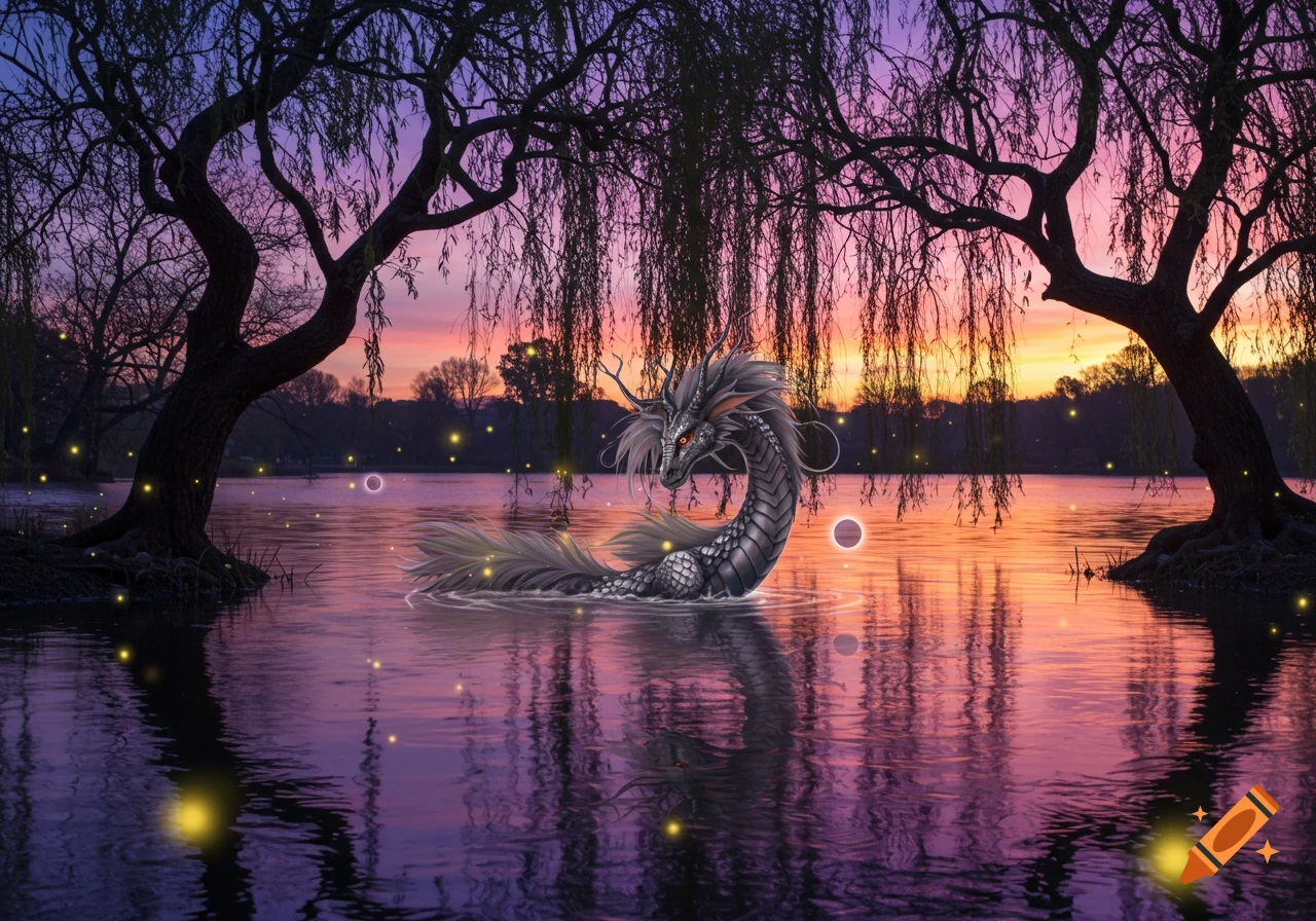 A majestic gray dragon-like creature with red eyes emerges from a reflective lake at a vibrant purple and orange sunset, flanked by silhouetted willow trees and glowing orbs.