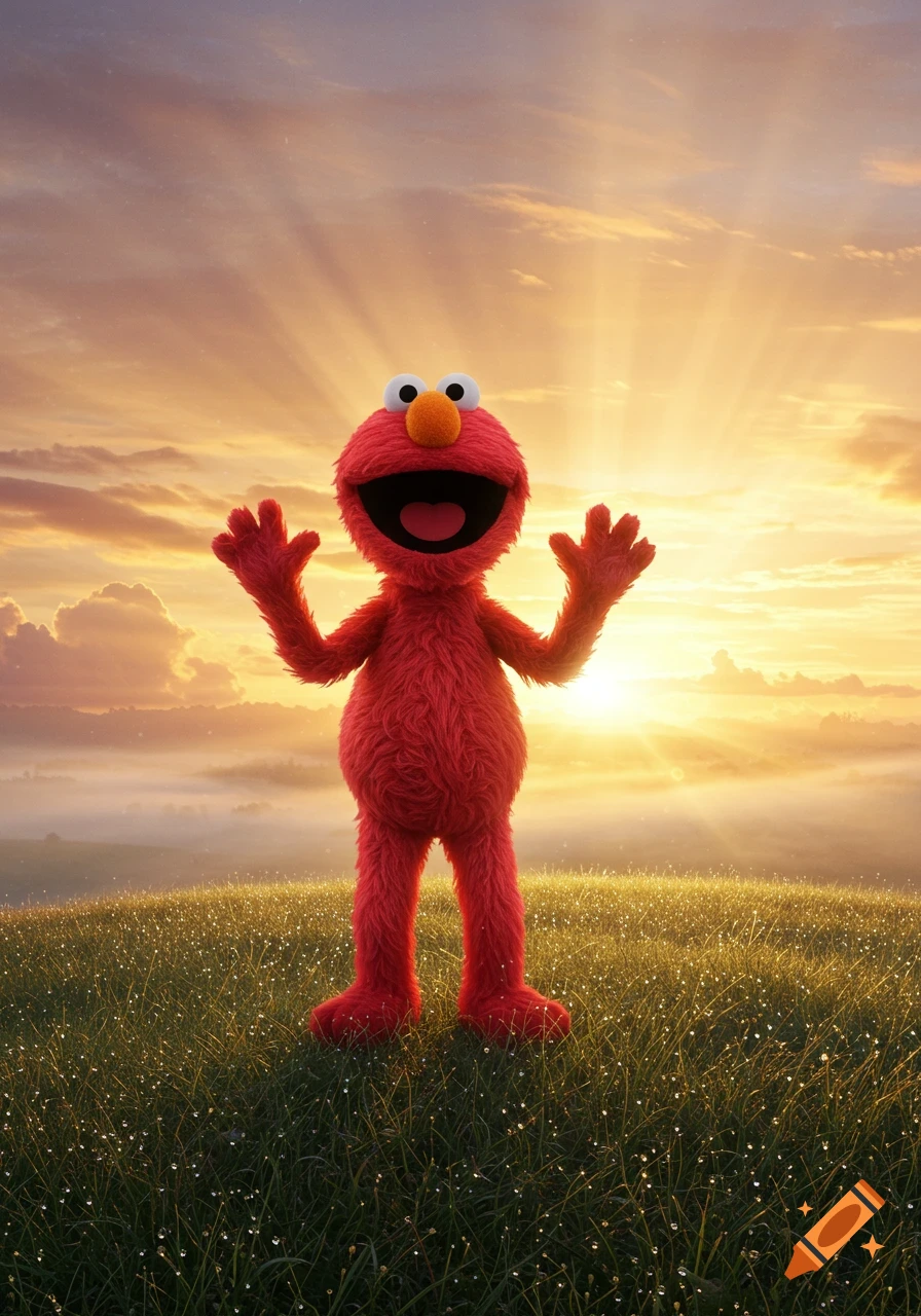 Elmo standing in a grassy field with dew drops at sunrise, rays of light streaming from the horizon.