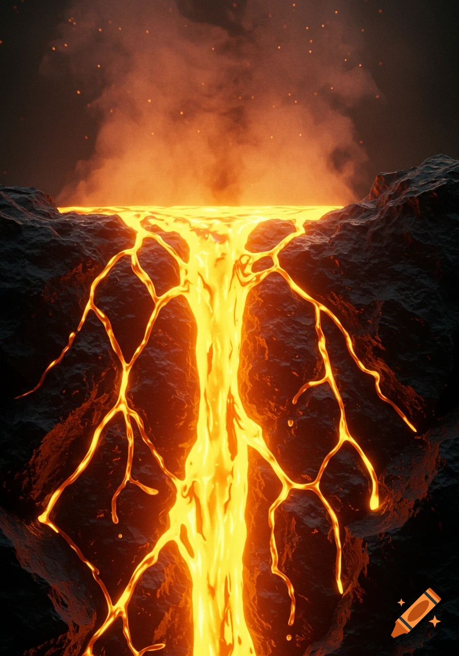 Bright molten lava or metal cascades over dark, rugged rock with rising steam and embers.